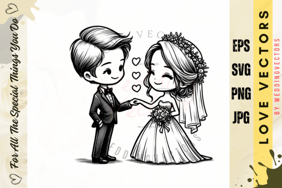 Elegant Line Art: Wedding Couple and Love Vectors - C3838